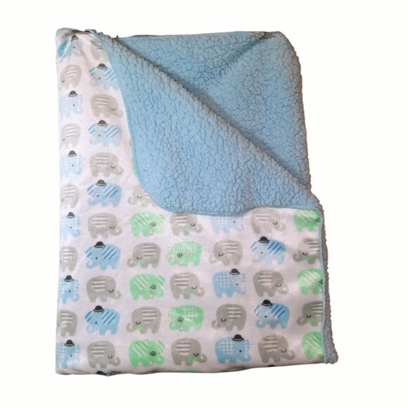 Kidgets Elephants Blue Sherpa Lovey Security Blanket 38" X 29" - Picture 1 of 4